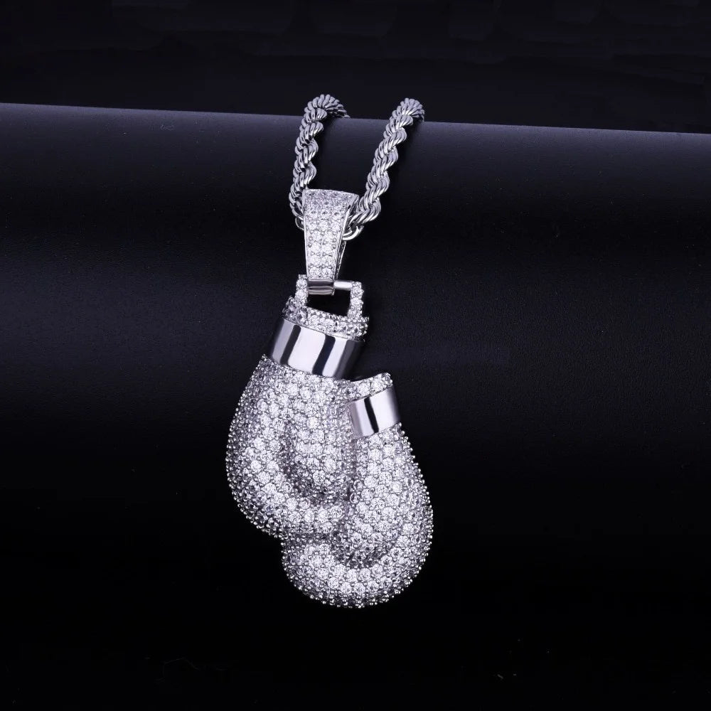 Hip Hop Crystal Boxing Gloves Portrait Necklace Pendant Charm Bling Iced Cubic Zircon Necklace Cool Men's Rock Biker Jewelry