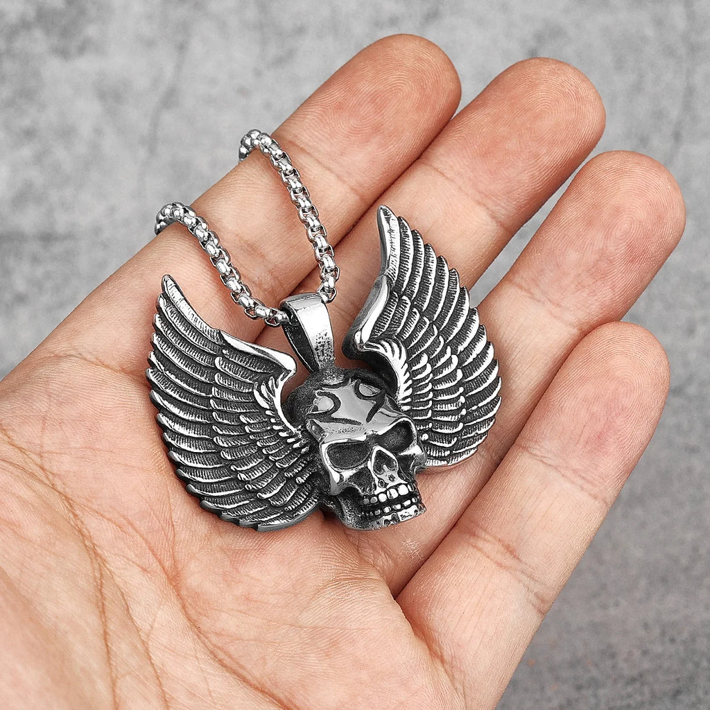 Fallen Angel Wings Skull Stainless Steel Men Necklaces Pendants Chain Punk for Boyfriend Male Jewelry Creativity Gift