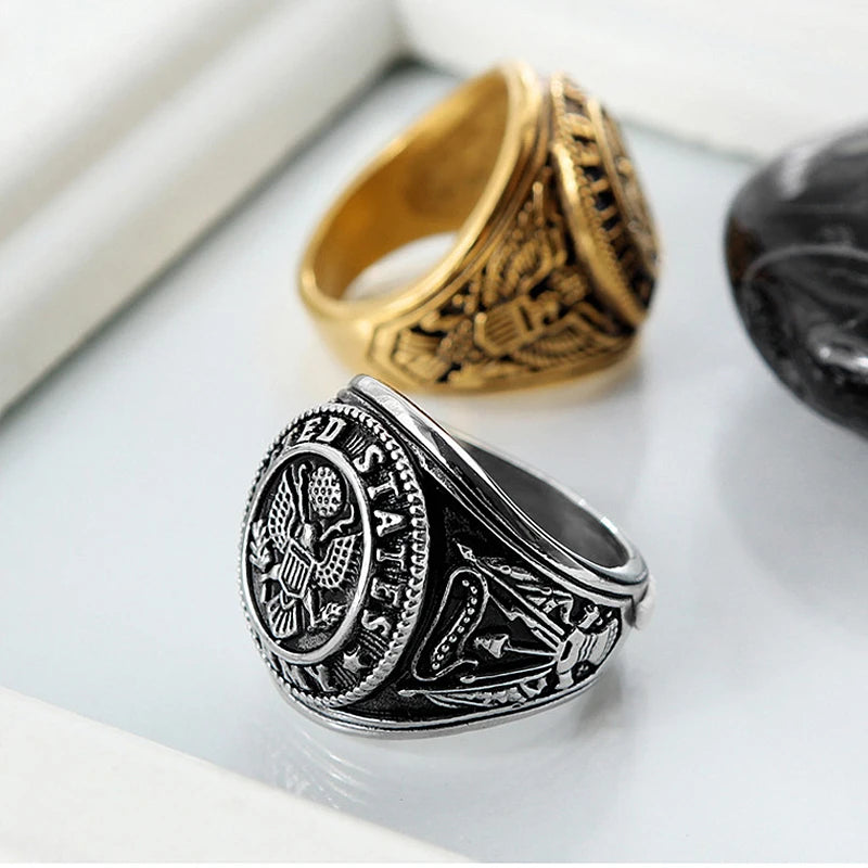 Vintage US Army Military Ring Mens Gold/Silver Color Stainless Steel US Army Ring Marine Corps Eagle Ring Male Fashion