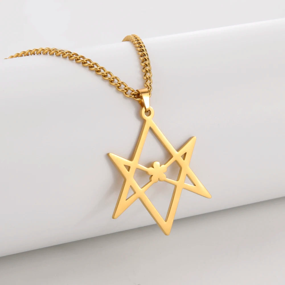 Thelema Unicursal Hexagonal Symbol Men's Stainless Steel Necklace Vintage Simple Pendant Religious Talisman Emblem