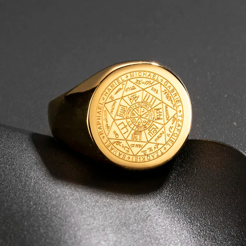Valily Seal of The Seven Archangels Rings Stainless Steel Silver--Color Saint Michael Ring Jewelry Engraving for Man
