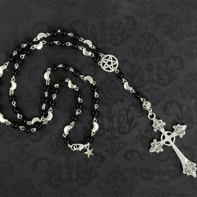 Trad Goth Pentagram Cross Rosary Beads Necklace — Silver-Tone