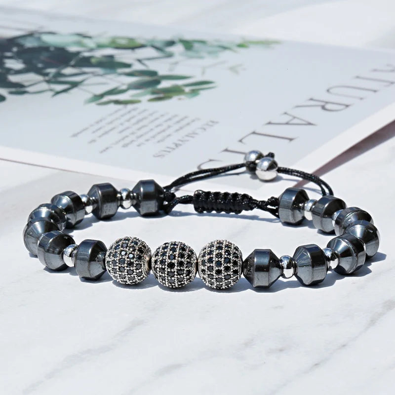 Luxury Micro Pave CZ 8mm Disco Charm Men Bracelet Classic Hematite Beaded Woven Bracelets Bileklik Women Jewelry