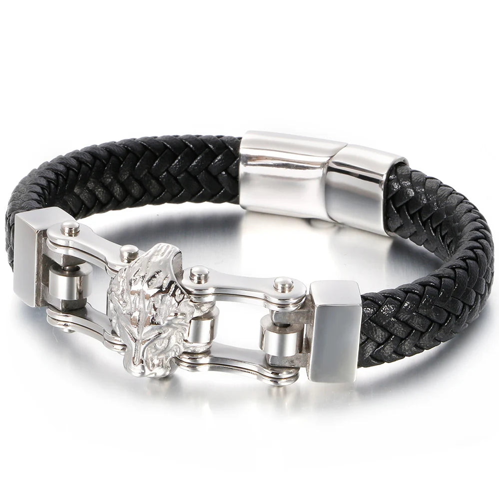 Punk Goth Lion Head Men's Bracelets & Bangles Braided Genuine Leather Man Bracelet Gold Color Stainless Steel Bike