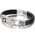 Punk Goth Lion Head Men's Bracelets & Bangles Braided Genuine Leather Man Bracelet Gold Color Stainless Steel Bike