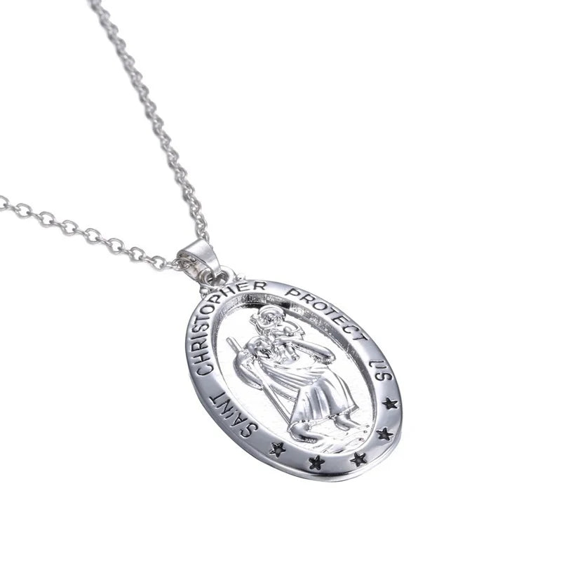 Trendy St. Christopher Pattern Oval Pendant Necklace Women's Necklace Fashion Clavicle Chain Pendant Accessories Party