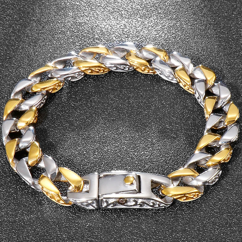 Luxury Gold Color Stainless Steel Bracelet for Man 12MM Wide On Hand Chain Homme Armband Men's Wristband Boyfriend