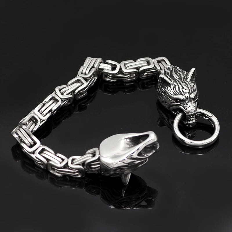 Men's Stainless Steel Viking Wolf Head Bracelet Vintage Personality Thick Chain Biker Punk Hip Hop Wristband Jewelry