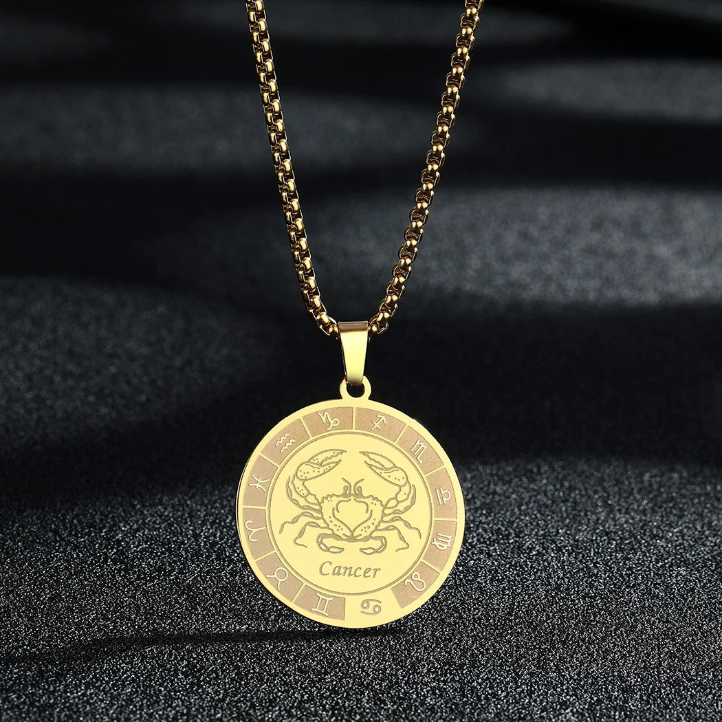 Kinitial Stainless Steel Cancer Zodiac Necklace Pendant for Women Girls Twelve Constellation Chocker Necklaces Jewelry Gift