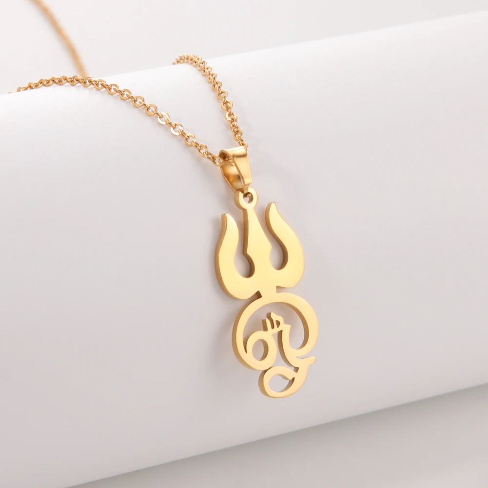 Dawapara India Tamil Om Symbol with Trident Pendant Stainless Steel Necklace Om Shiva Symbol Yoga Vintage Talisman