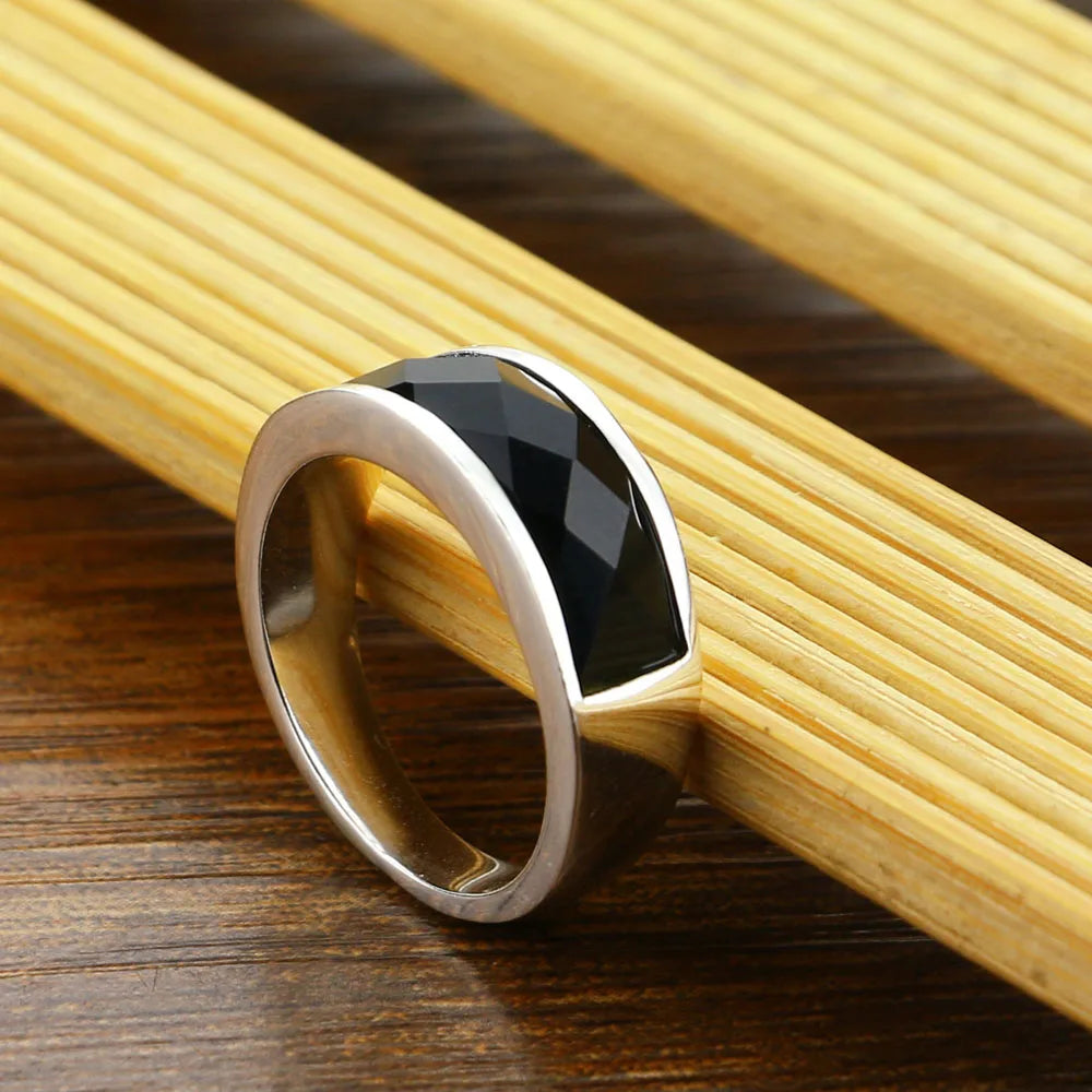 Retro 925 Sterling Silver Ring Unisex Fashion Black Agate Stone Ring Atmopheric Jewelry for Boyfriend Gifts