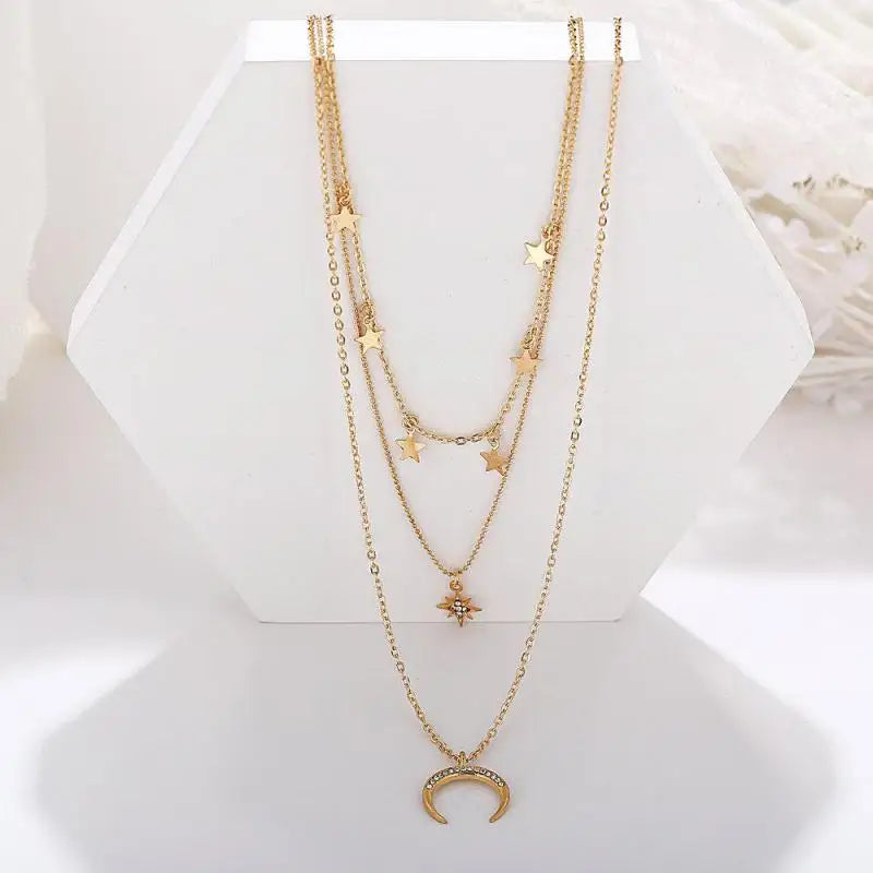 Glamour Necklace 2025 Fashion New Simple Temperament Eight Mans Star Crescent Pentagram Ms. Three-layer Necklace Gift