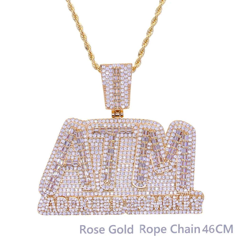 Iced Out Bling Letters ATM Addicted To Money Pendant Necklaces Gold Color AAA Zircon 5mm Tennis Chain Men's Hip Hop