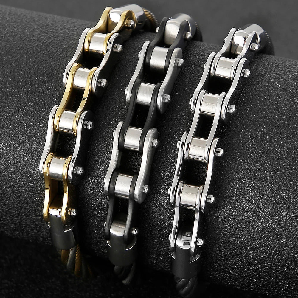 Black Stainless Steel Men's Bracelet Gold Color Handmade Braided Bicycle Motorcycle Chain Bracelets For Men Male Hand