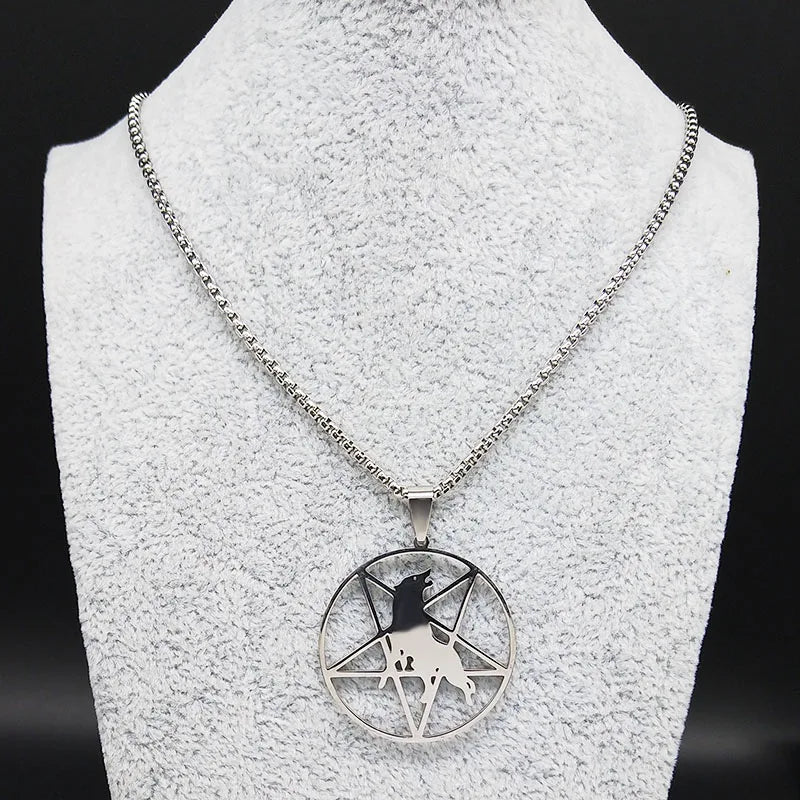 Wolf Pentagram Silver Chain Necklace — Stainless Steel