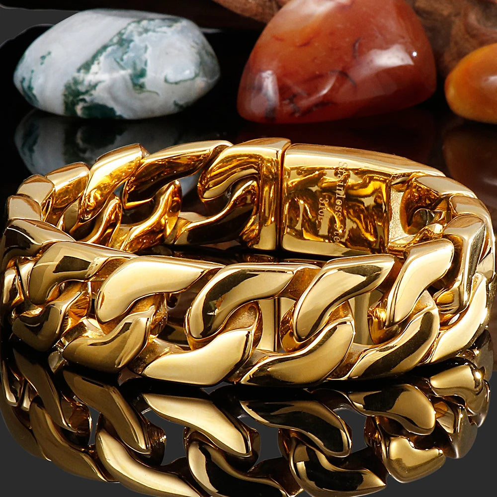 Polished Gold Color Bracelet For Man In Stainless Steel Mannen Armband Boys Hand Bracelets Massive Men's Jewelry
