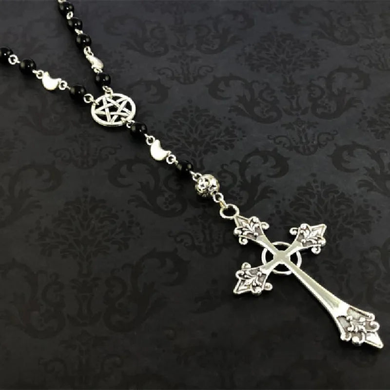 Trad Goth Pentagram Cross Rosary Beads Necklace — Silver-Tone