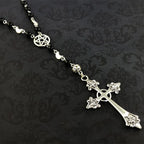 Trad Goth Pentagram Cross Rosary Beads Necklace — Silver-Tone