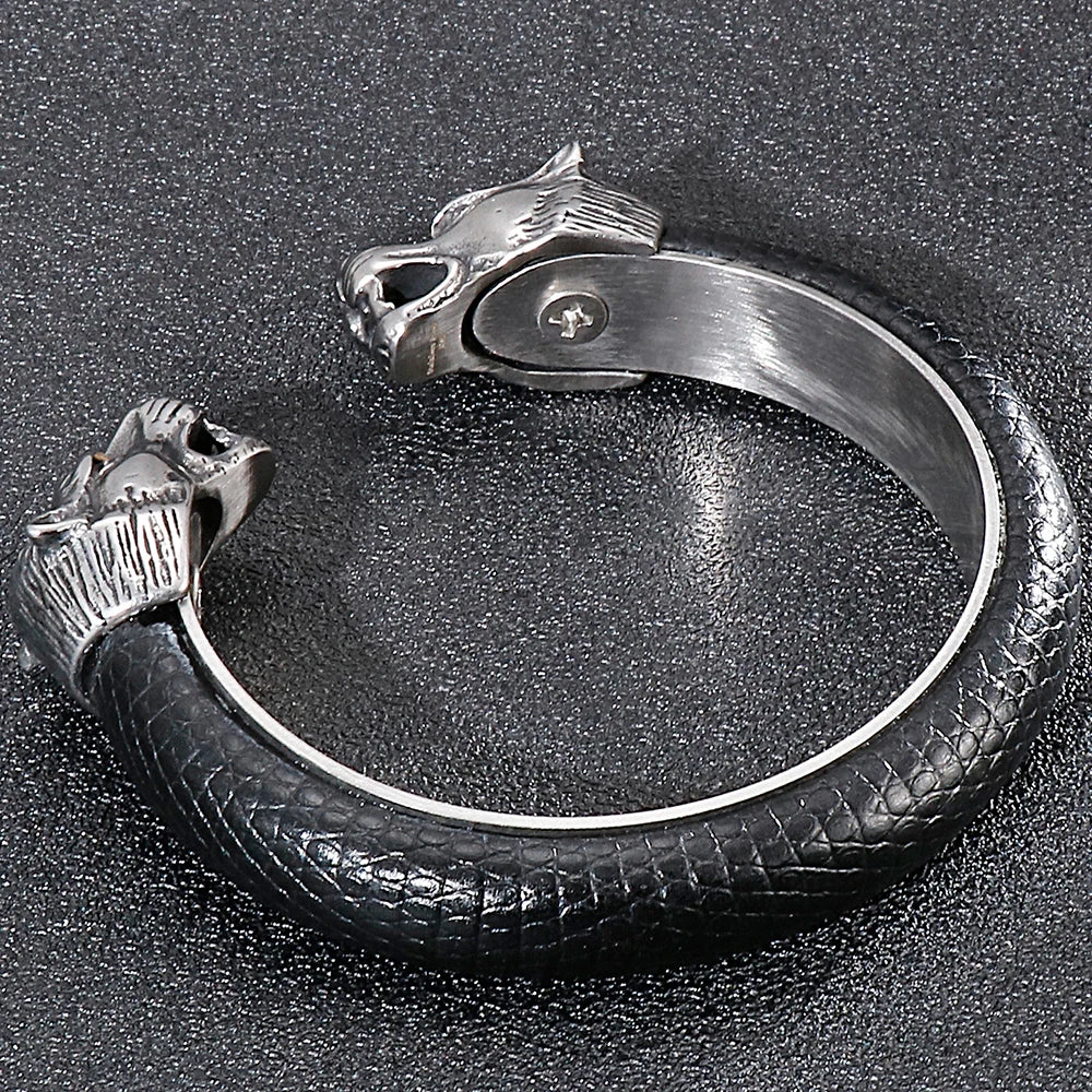 Stainless Steel Wolf Head Cuff Open Bangle Bracelet Man Black Leather Elastic Adjustable Boys On Hand Bracelets Men‘s