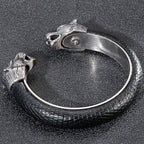 Stainless Steel Wolf Head Cuff Open Bangle Bracelet Man Black Leather Elastic Adjustable Boys On Hand Bracelets Men‘s