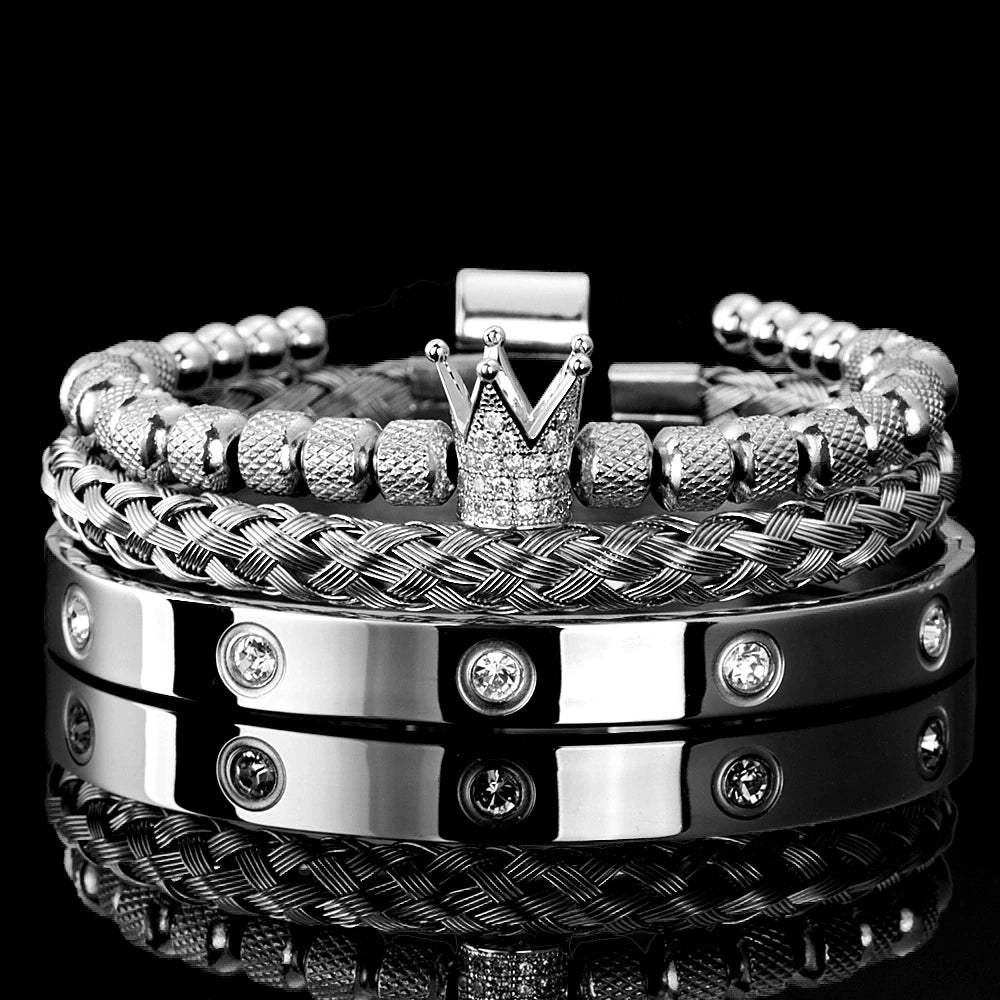Luxury Micro Pave CZ Crown Roman Royal Charm Men Bracelets Stainless Steel Crystals Bangles Couple Jewelry Gift