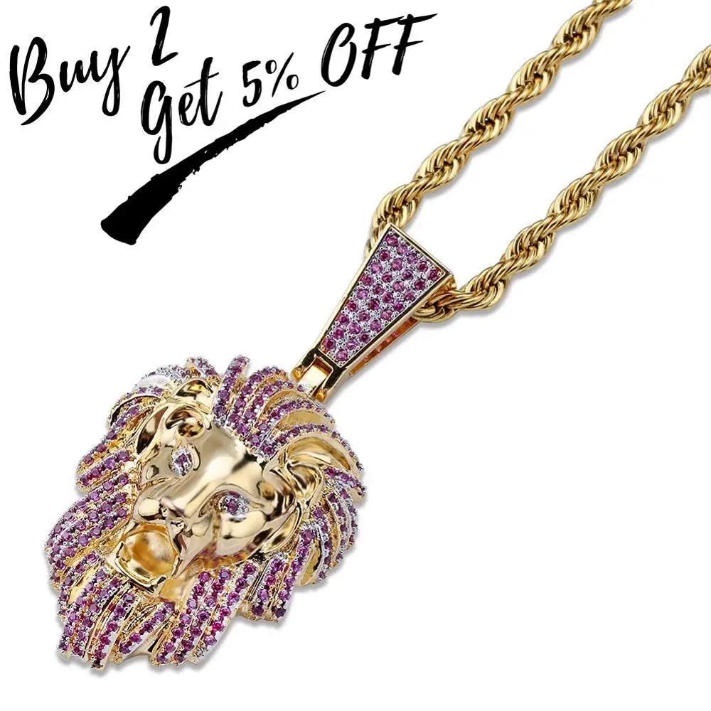 Iced Out Micro Pave Lion Head Pendant — Gold