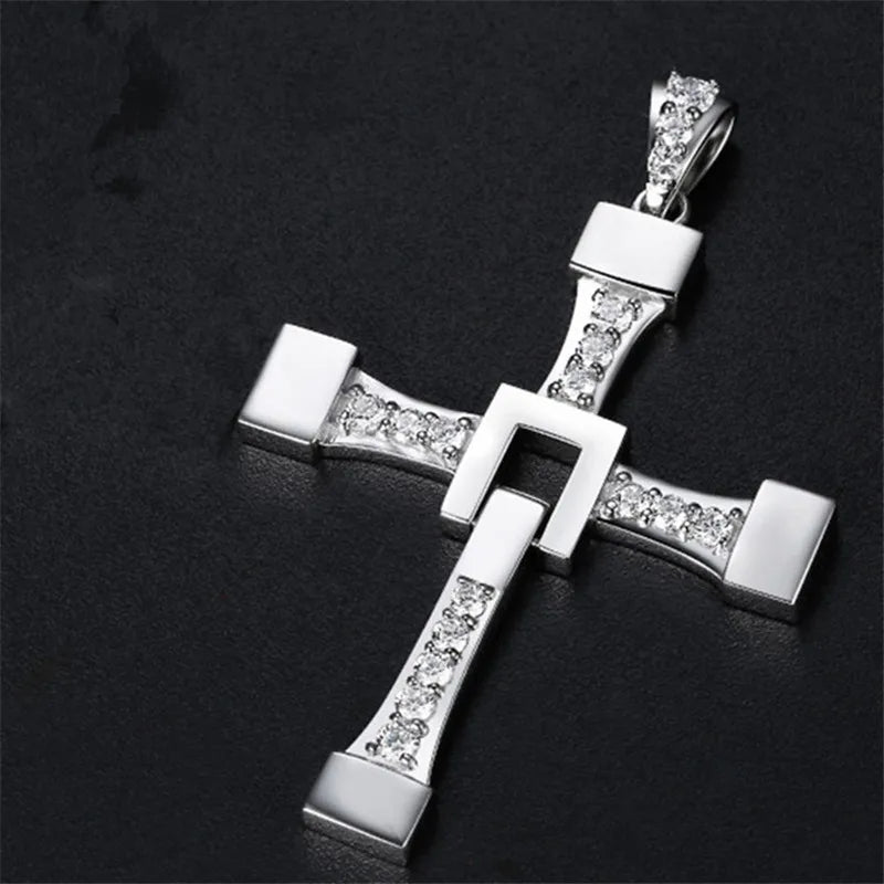 Fast and Furious Cross Necklace Dominic Toretto Cross Rhinestone Pendant Necklace Titanium Stainless Steel Necklace for Men