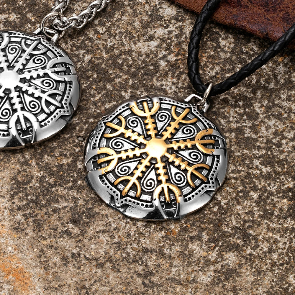 Never Fade Norse Compass Gold Color Necklace Men Vikings Runes Stainless Steel Trident Vegvisir Amulet Pendant