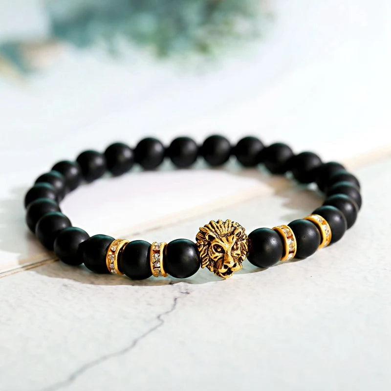 Classic Lion Head Beaded Bracelet — Black Matte & Color Beads