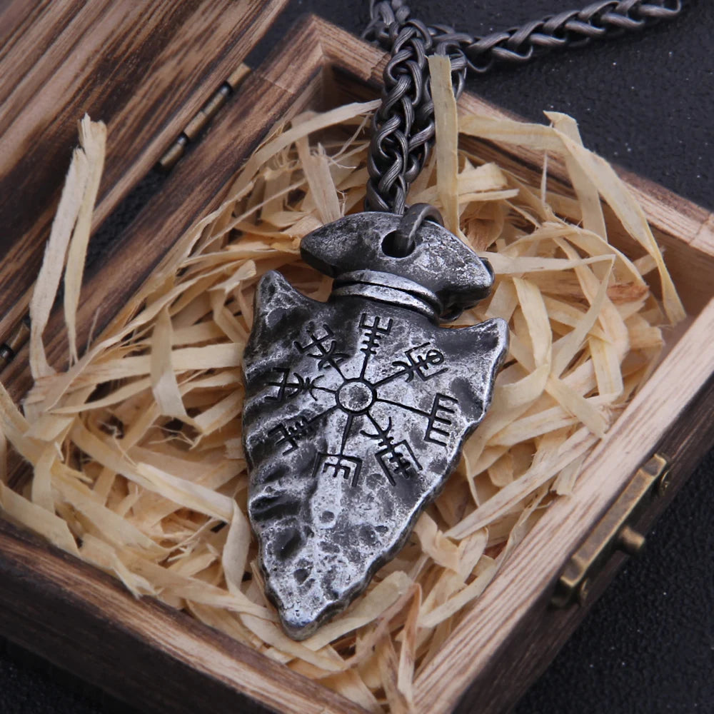 "Helm of Awe" and "Viking Vegvisir" Iron Color Viking spear Pendant Necklace with Stainless Steel Chain As Men Gift