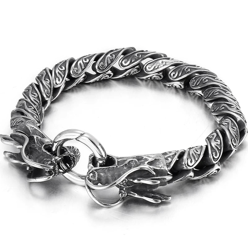 Vintage Chain Link Man Bracelet With Double Dragon Heads Solid Stainless Steel Friendship Men's Bracelets Old Metal