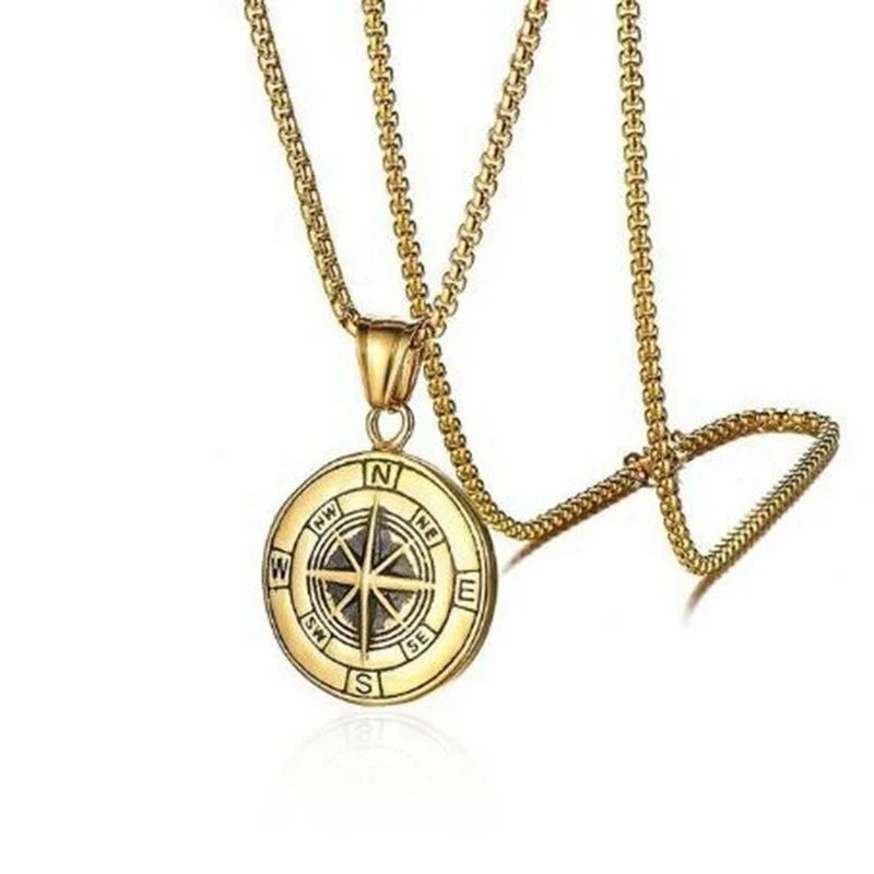 New Retro Viking Viking Round Compass Pattern Pendant Necklace Men's Necklace Fashion Metal Sliding Pendant  Jewelry Accessories