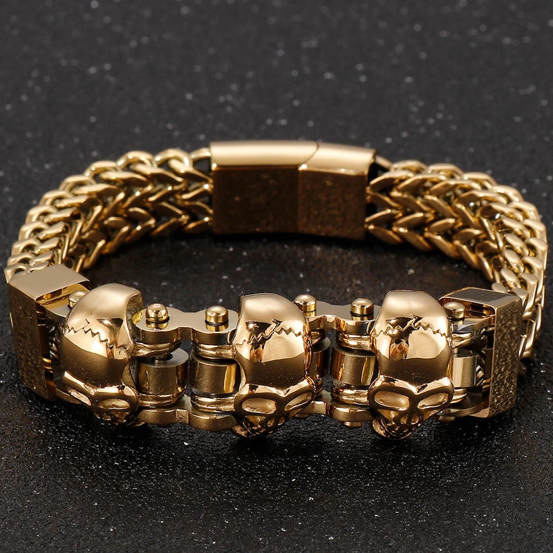 Gold Color Stainless Steel Chain Bracelet for Man Punk Gothic Skull Wristband With Magnetic Clasp Animal Head Homme