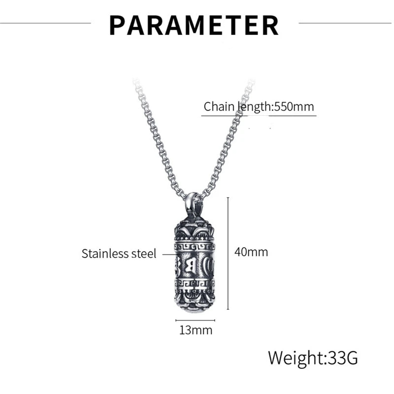 Six-Character Mantra Cylinder Pendant Necklace — Stainless Steel