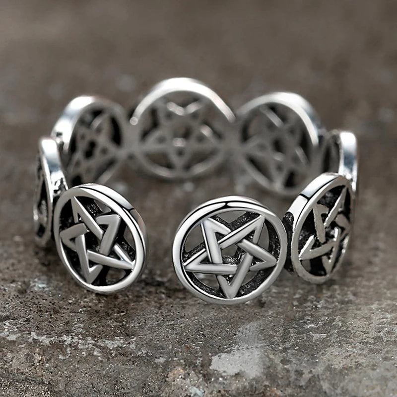 Chunky Pentagram Star Ring — Silver-Tone, Adjustable Band