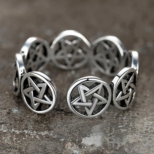 Chunky Pentagram Star Ring — Silver-Tone, Adjustable Band