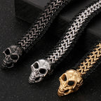 Gothic Skull Head Men's Bracelets Cowhide Leather & Stainless Steel Wristband Man Viking Homme Armband Hand Chain Male