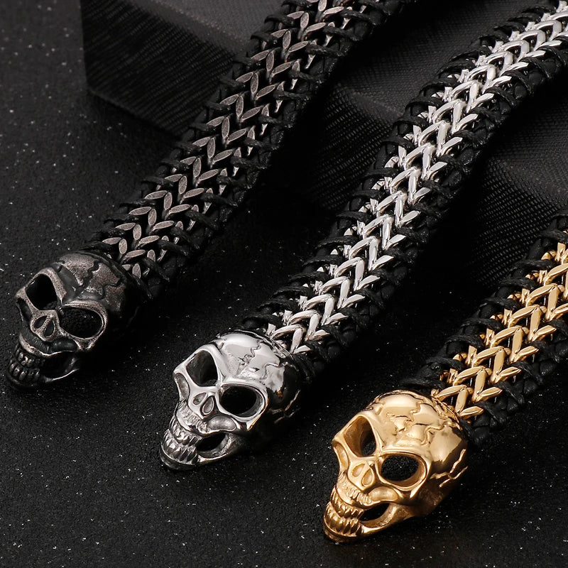 Gothic Skull Head Men's Bracelets Cowhide Leather & Stainless Steel Wristband Man Viking Homme Armband Hand Chain Male