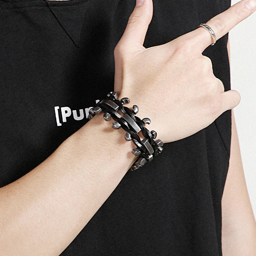 Handmade Leather Braided Bracelet With Belt Buckle Stainless Steel Boys Bracelets Men's Bike Jewellery Accessories Cuff