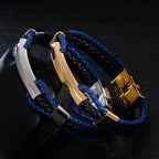 Luxury Braided Three-tier Layer Blue Leather Bracelet for Men Gold Color Stainless Steel Adjustable Mens Charm