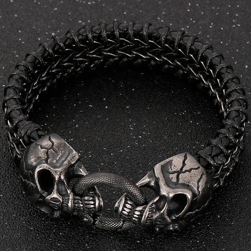 Gothic Skull Head Men's Bracelets Cowhide Leather & Stainless Steel Wristband Man Viking Homme Armband Hand Chain Male