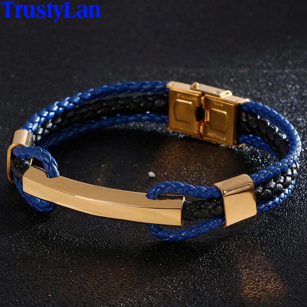 Luxury Braided Three-tier Layer Blue Leather Bracelet for Men Gold Color Stainless Steel Adjustable Mens Charm
