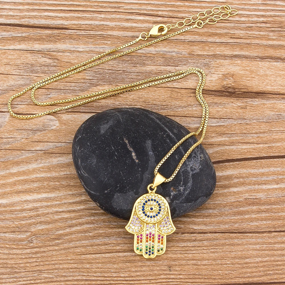 Nidin Dropshipping Hamsa Evil Eye Necklace For Women Collares Colorful Palm Fatima Necklace Fine Party Birthday Jewelry Gift