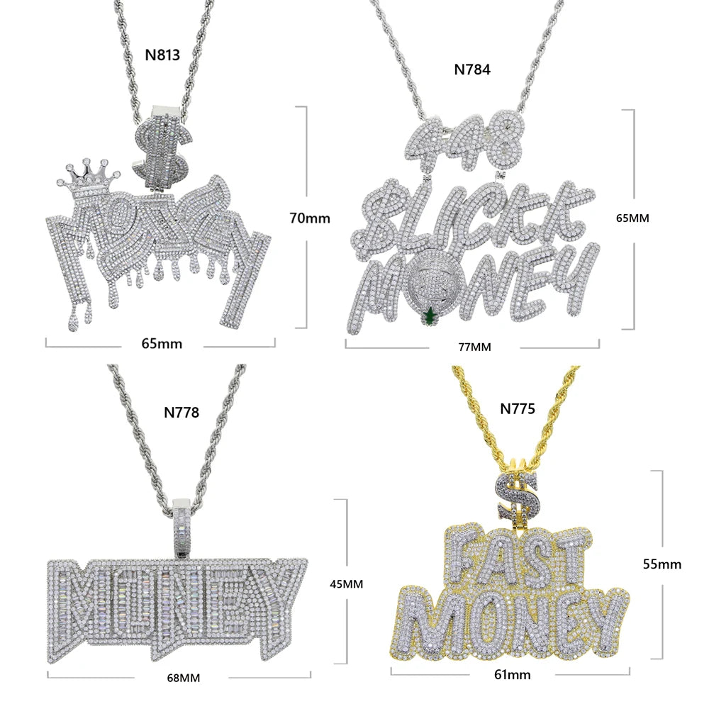 New Iced Out Bling Crown Letters Money Pendant Necklace Two Tone Color CZ Zircon Dollar Symbol Necklaces Men's Hip Hop Jewelry