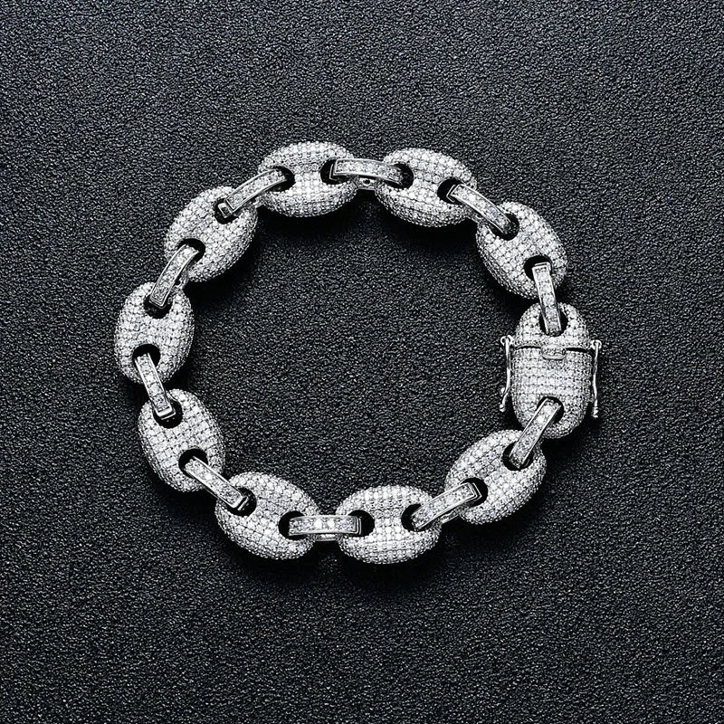 12mm wide Hip Hop CZ Stone Paved Bling Iced Out Solid Coffee Beans Link Chain Bracelets for Men Women Fashion Rapper