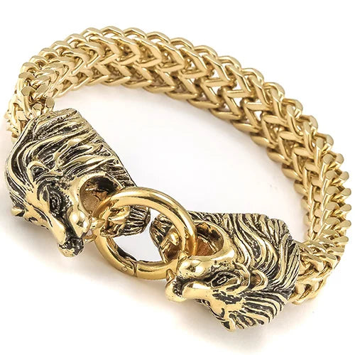Cool Lion Head Bracelet Men Figaro Link Chain Mens Cuff Bracelets Heavy Solid Stainless Steel Male Jewelry Bangles