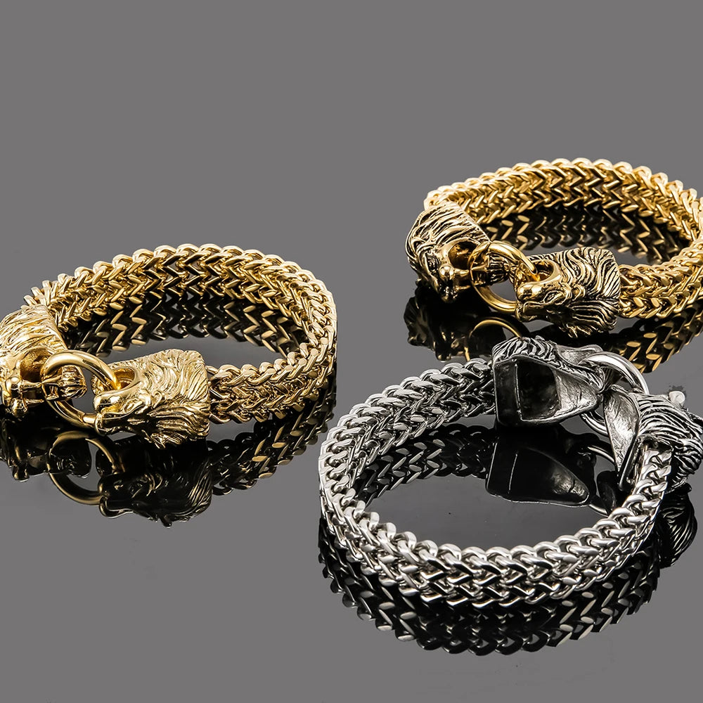 Cool Lion Head Bracelet Men Figaro Link Chain Mens Cuff Bracelets Heavy Solid Stainless Steel Male Jewelry Bangles