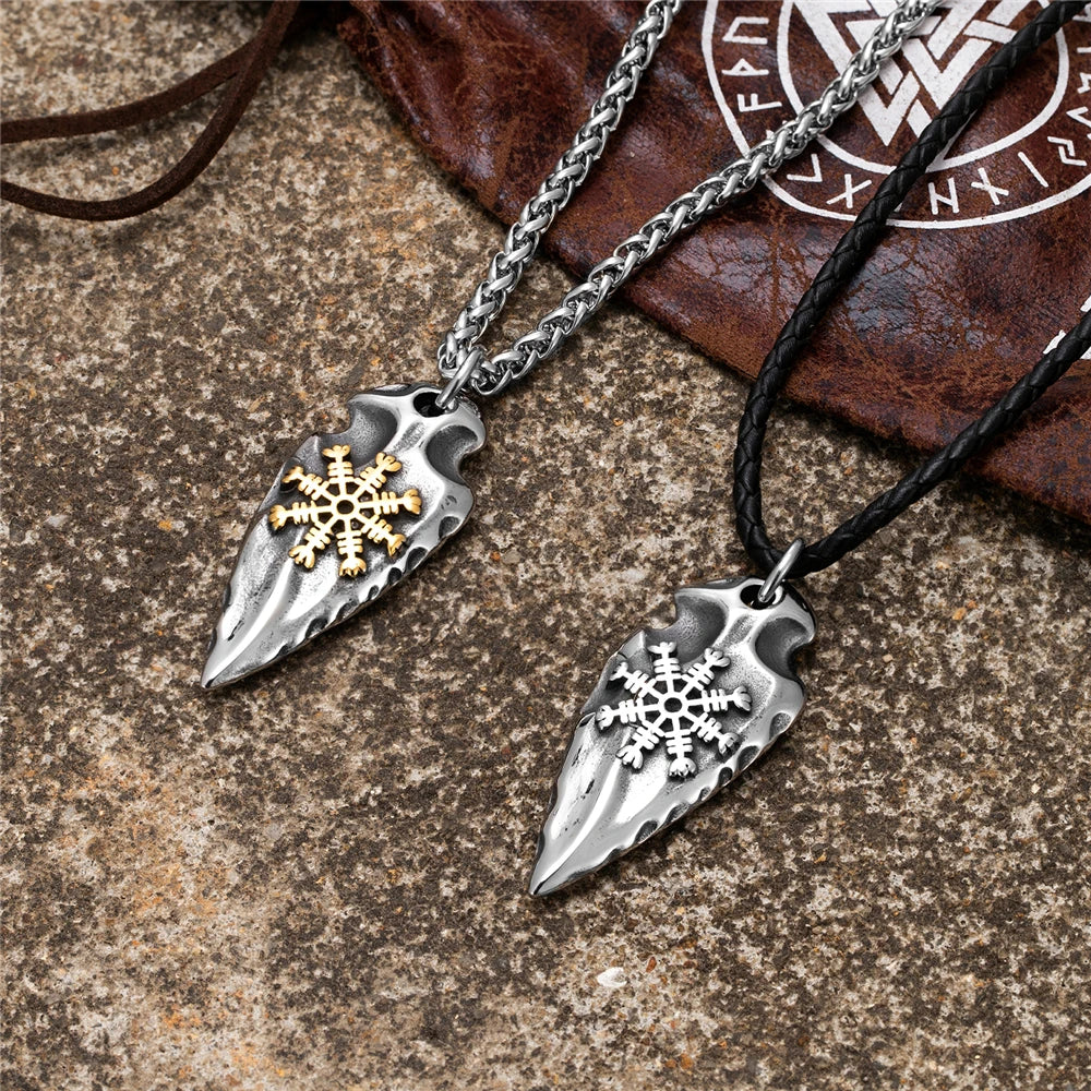 Viking Rune Shield Necklace Men Gold Color Antique Steel Norse Spear Trident Amulet Self-defense Pendant Never Fade