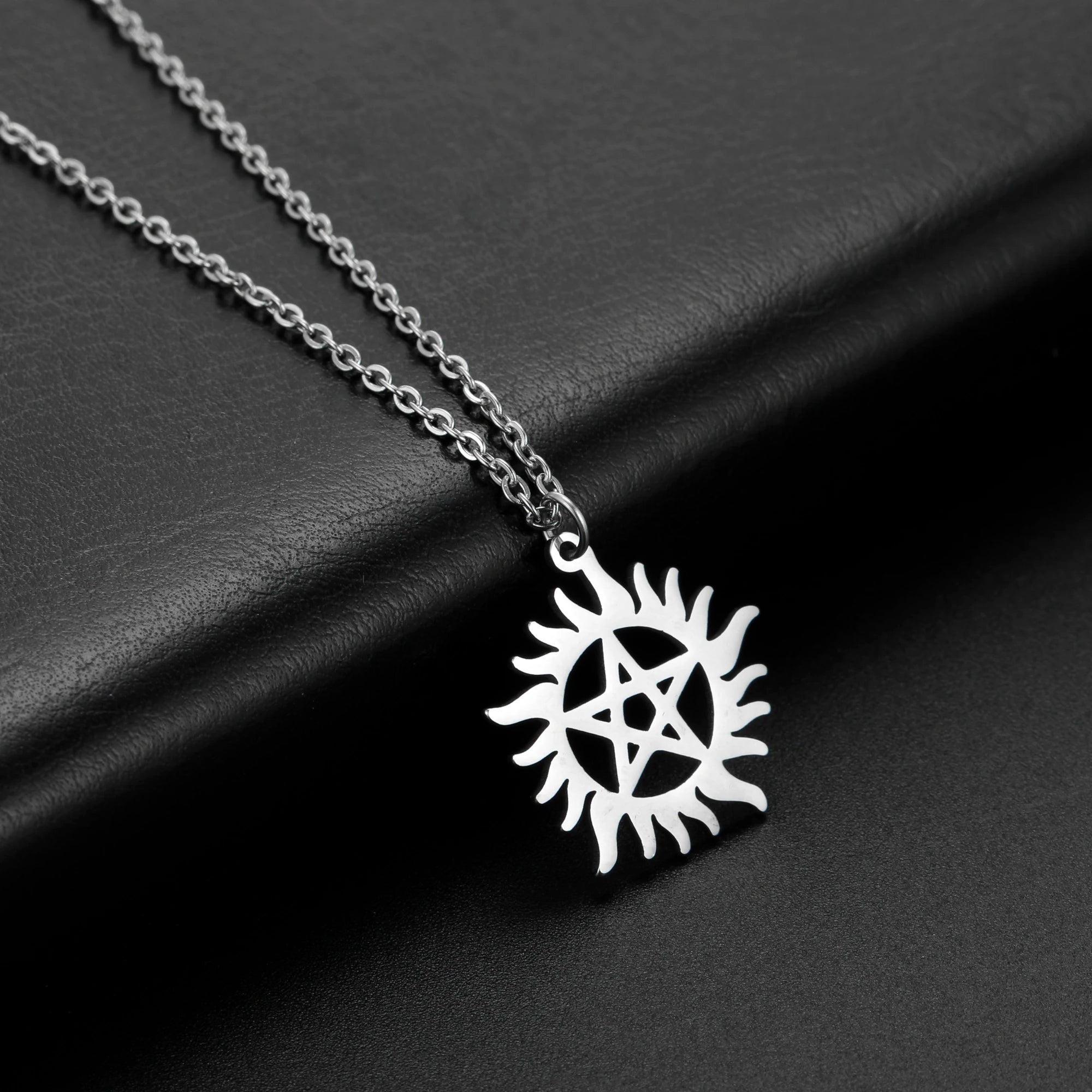 COOLTIME Supernatural Sun Pentagram Pendant Necklace for Women Men Stainless Steel Hollow Star  Box Chain Necklaces Couple Gifts
