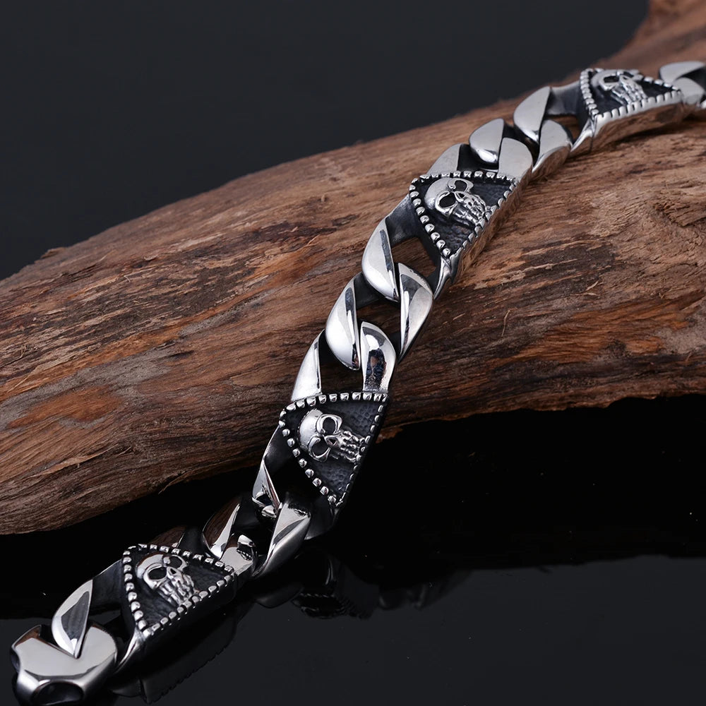 Punk Rock Gothic Men's Bracelets Skull Head Cuban Chain Bracelet For Men Big Size 23CM 9" Stainless Steel Hand Jewelry